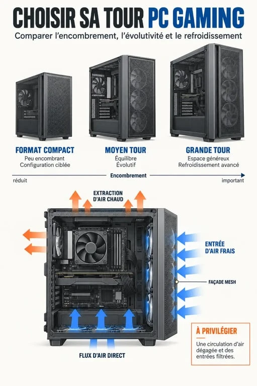 Infographie comparative pour choisir une tour PC gaming selon le format et la ventilation
