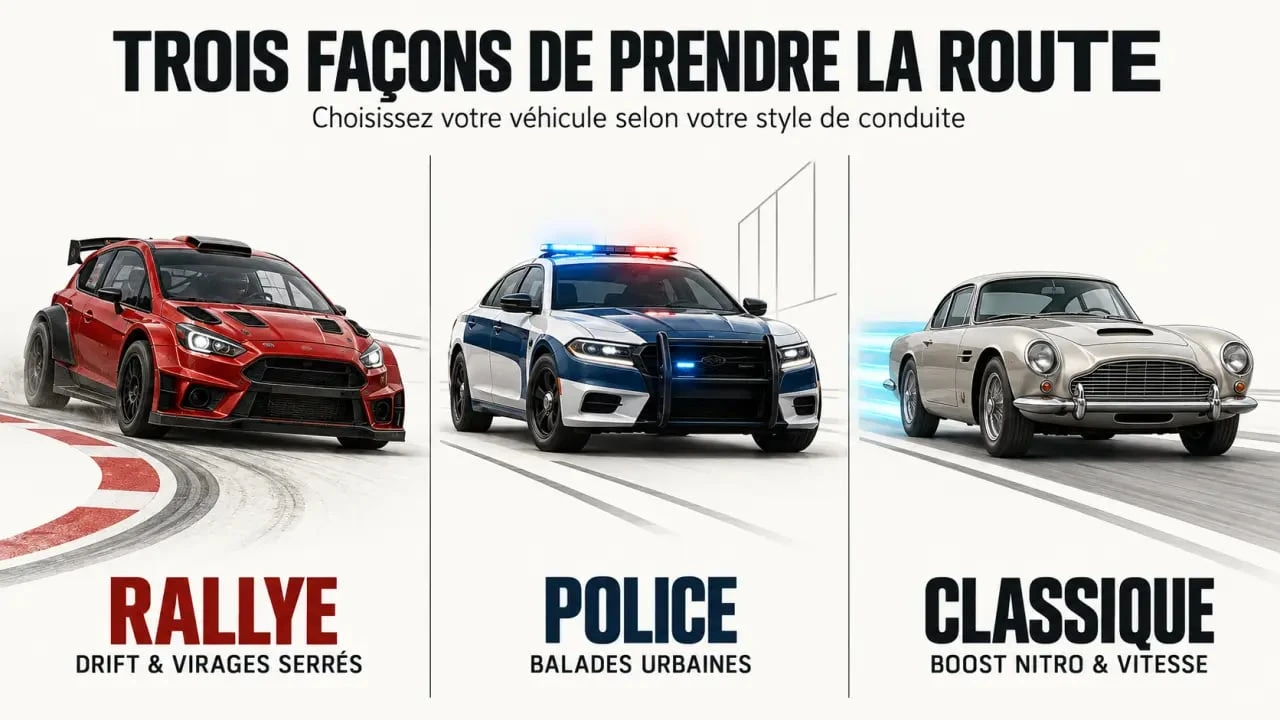 Jeux cours de voiture 3d : comparaison des trois véhicules, rallye, police et voiture classique