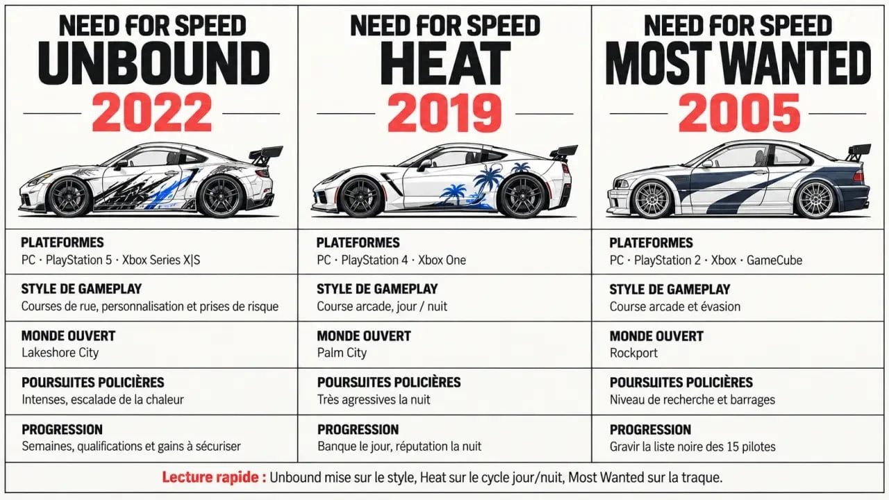 Infographie comparative Need for Speed get entre Unbound, Heat et Most Wanted