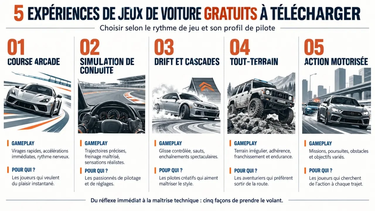 Infographie des types de jeux de voiture gratuits à télécharger