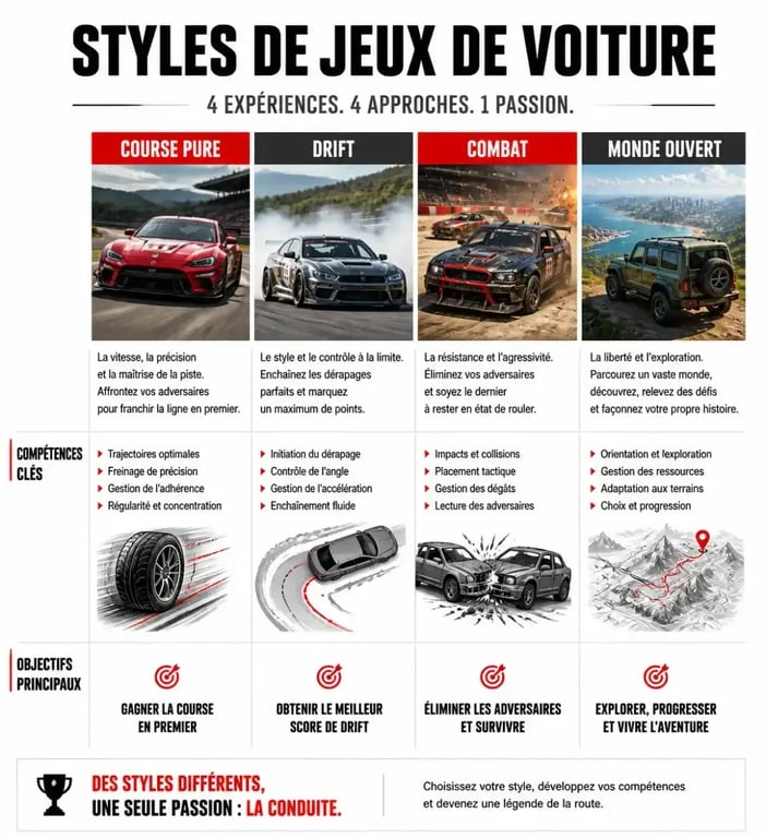 Infographie comparative des différents styles de jeux de voiture : course, drift, combat et monde ouvert.