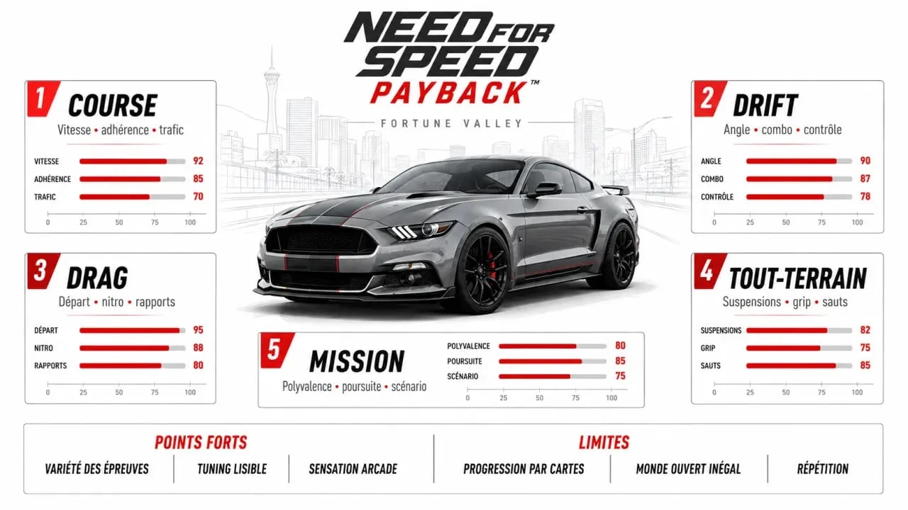 Need for Speed Payback : infographie des 5 catégories de voitures et des points forts du jeu