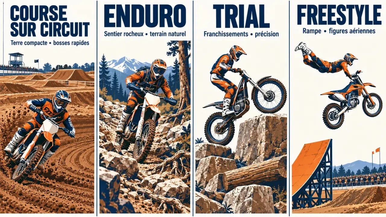 Comparaison des styles de jeux de course de moto-cross : course, enduro, trial et freestyle