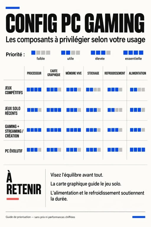 Infographie comparative des priorités d'une config PC gaming selon l'usage