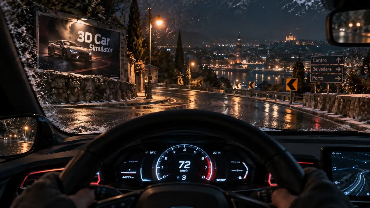 Jeux cours de voiture 3d : vue cockpit 3D Car Simulator sur route mouillée nocturne