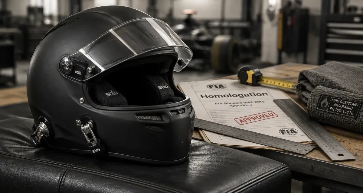 Casque course automobile noir mat, visière ouverte, mousses HANS, atelier d’homologation.