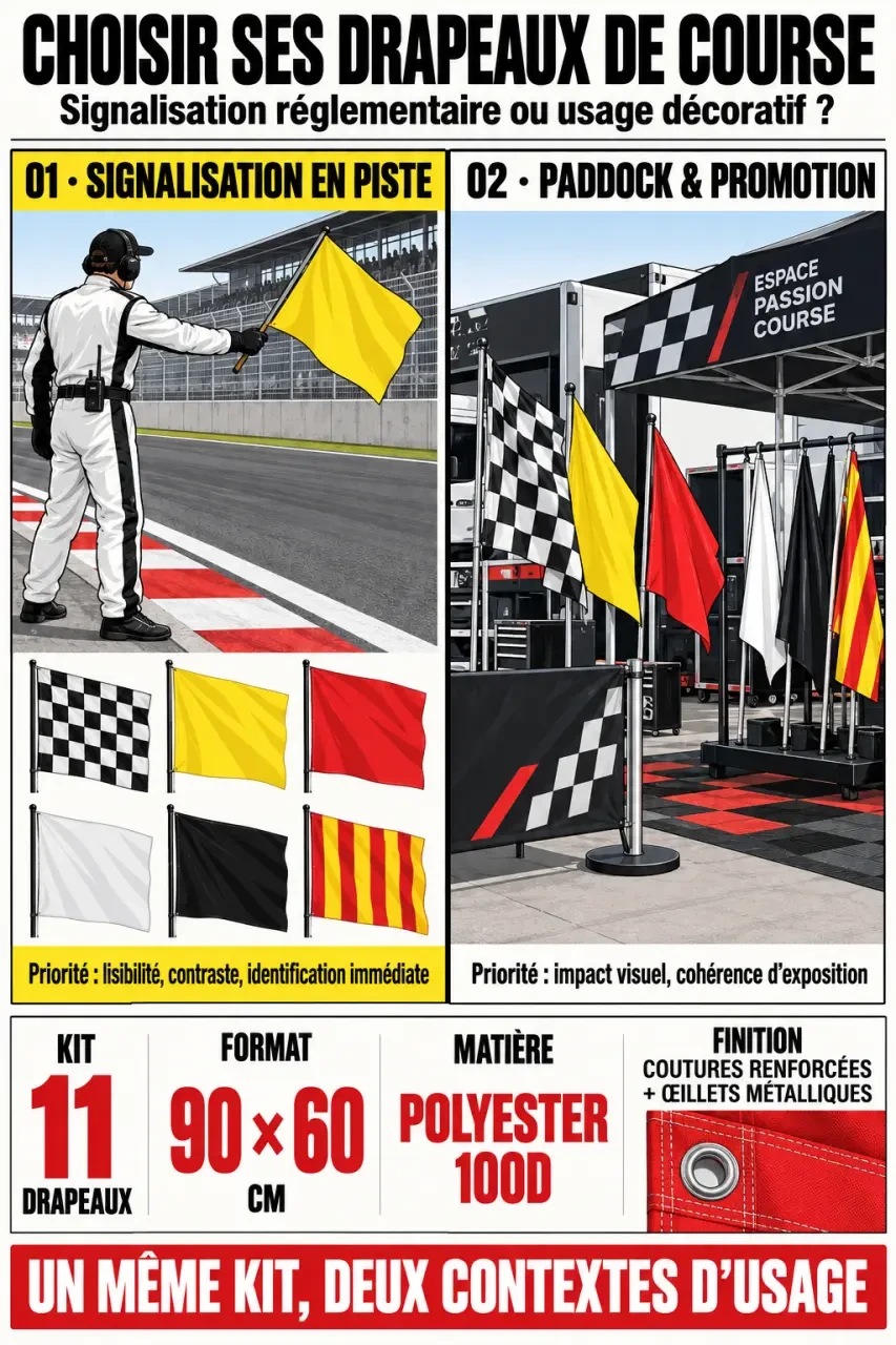 Infographie sur le choix d’un drapeau de course automobile selon l’usage, les dimensions et les finitions